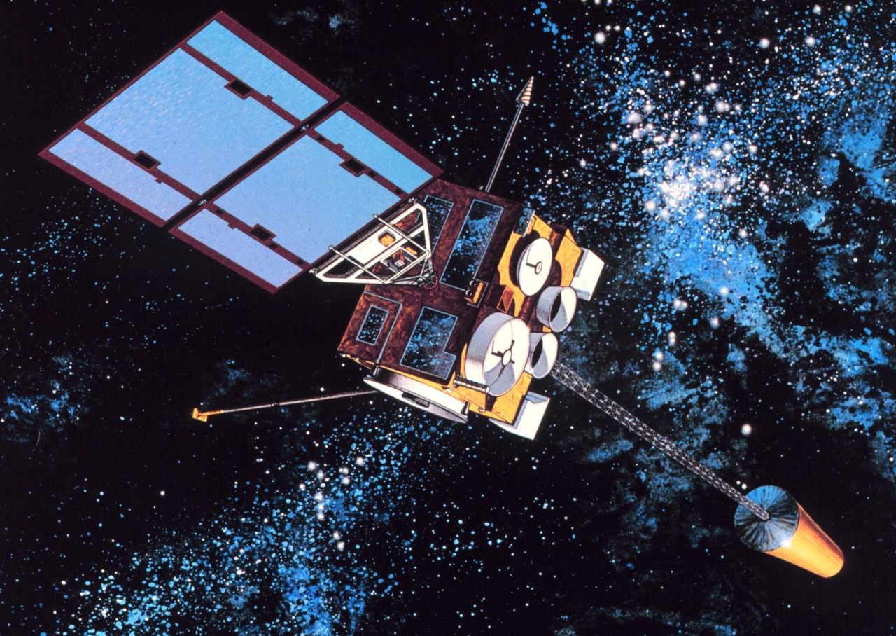 A satellite with a large solar panel floats in space