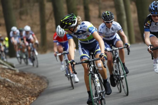 Shara Gillow (Orica - AIS) checks over her shoulder on the first climb