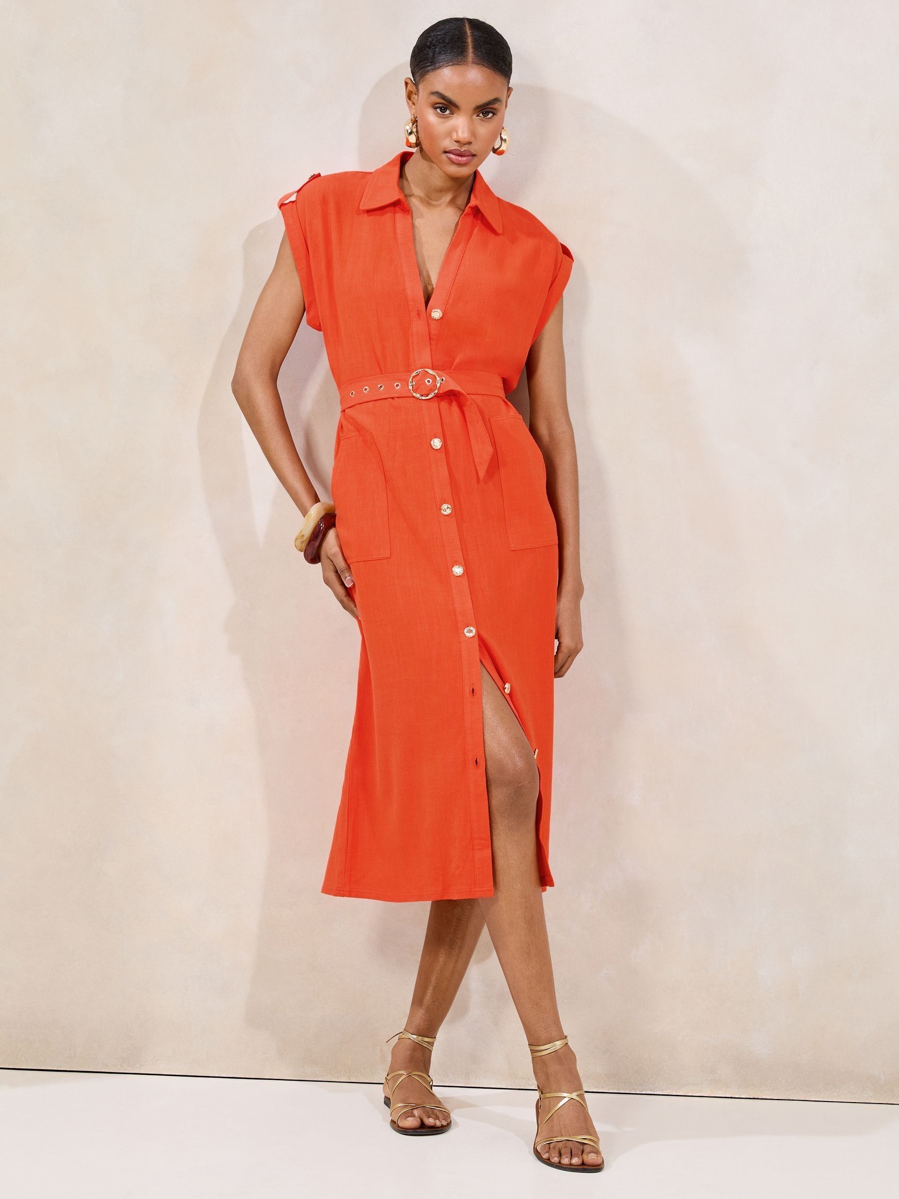 Lipsy Orange Petite Short Sleeve Linen Look Button Down Midi Shirt Dress