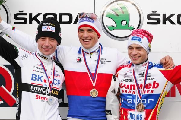 Czech champion Zdenek Stybar (Omega Pharma-Quickstep) flanked by Radomir Simunek (BKCP Power Plus) and Jarel Hnik (Sunweb Revor) on the podium in Unicov.