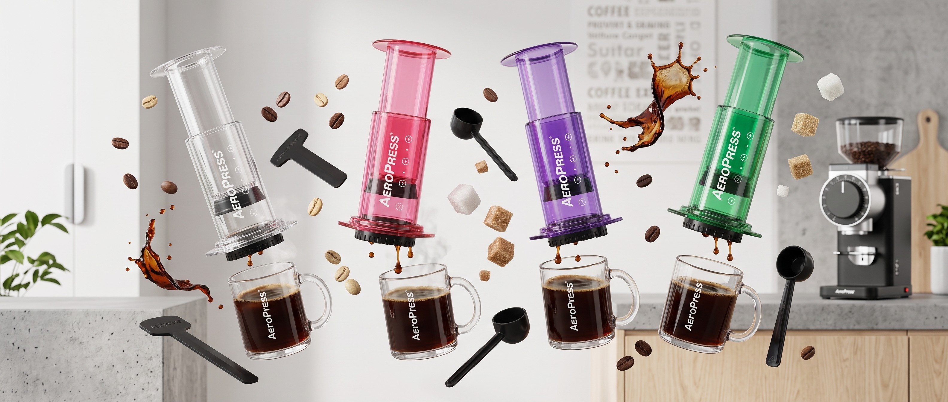 Collage of various coloured AeroPress coffee makers dispensing coffee into cups, with splashes of coffee, sugar cubes, spoons, and stirrers