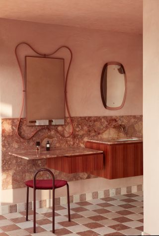 A bathroom with a mix of natural materials