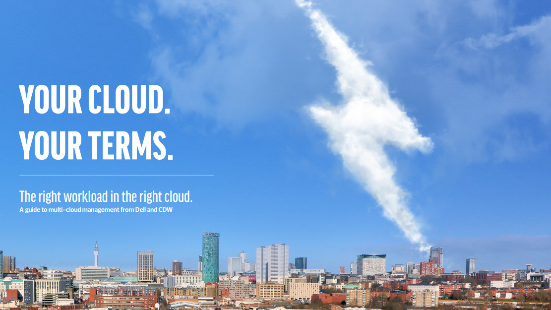Whitepaper cover with title over an image of a city with a lightning bolt shaped cloud above in the blue sky