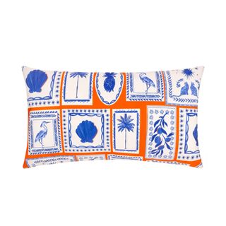 An orange and blue outdoor cushion