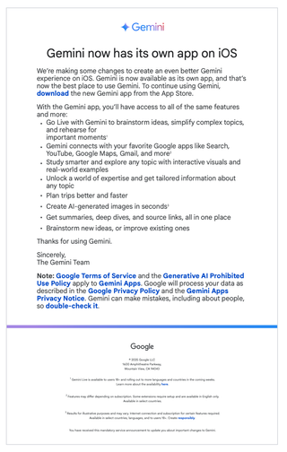 An email explaining the changes to Gemini.