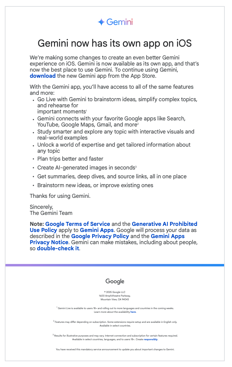 An email explaining the changes to Gemini.
