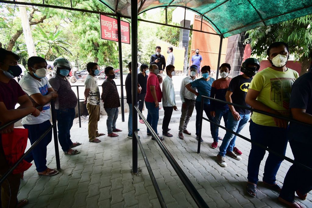 Coronavirus testing line in India.