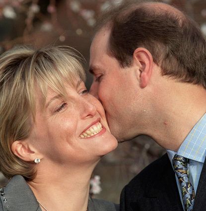 Prince Edward kissing Duchess Sophie during their engagement photo call