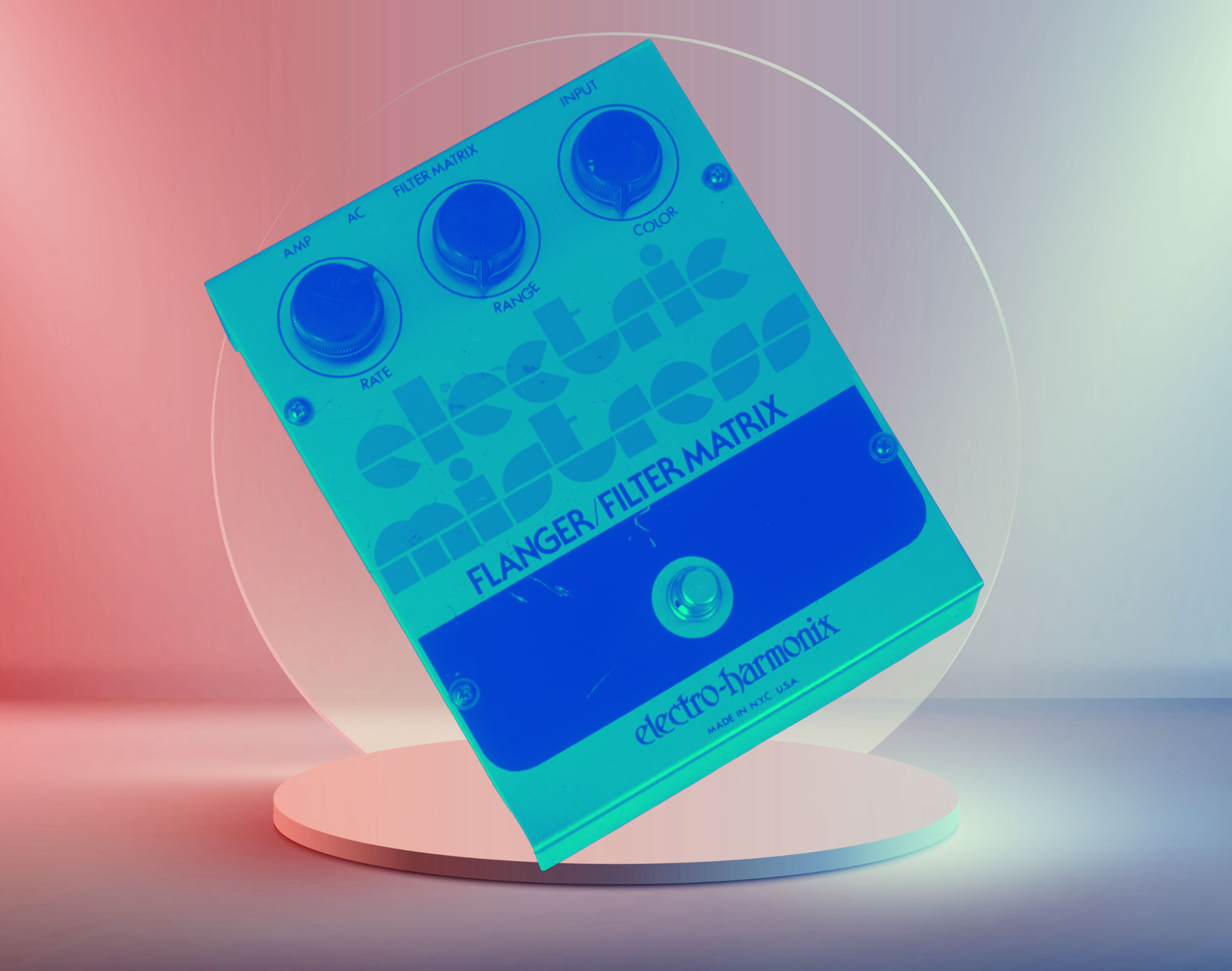 Electro-Harmonix Electric Mistress pedal on a neon background