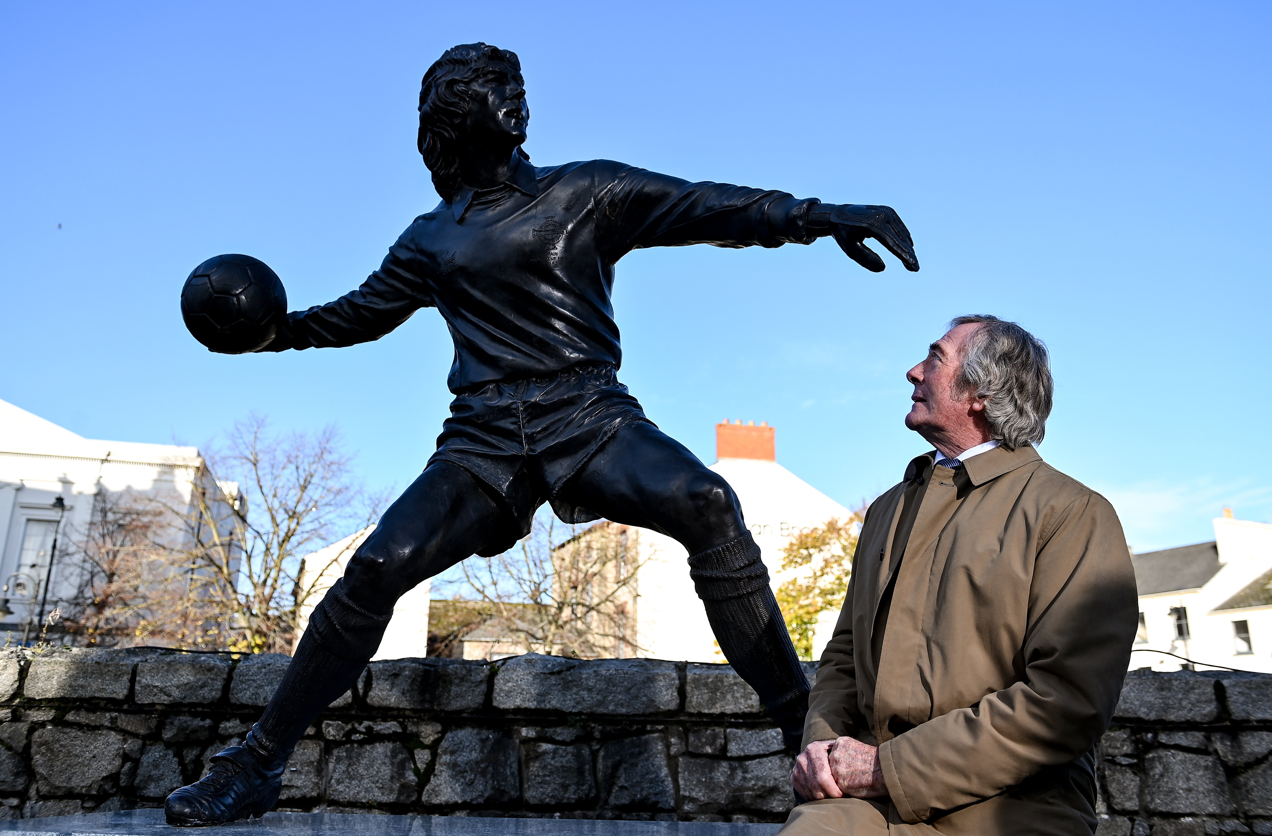 Pat Jennings at the unveiling of a statue in his honour in Northern ireland in November 2023.