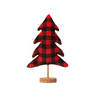 red and black plaid christmas tree with a wood bottom