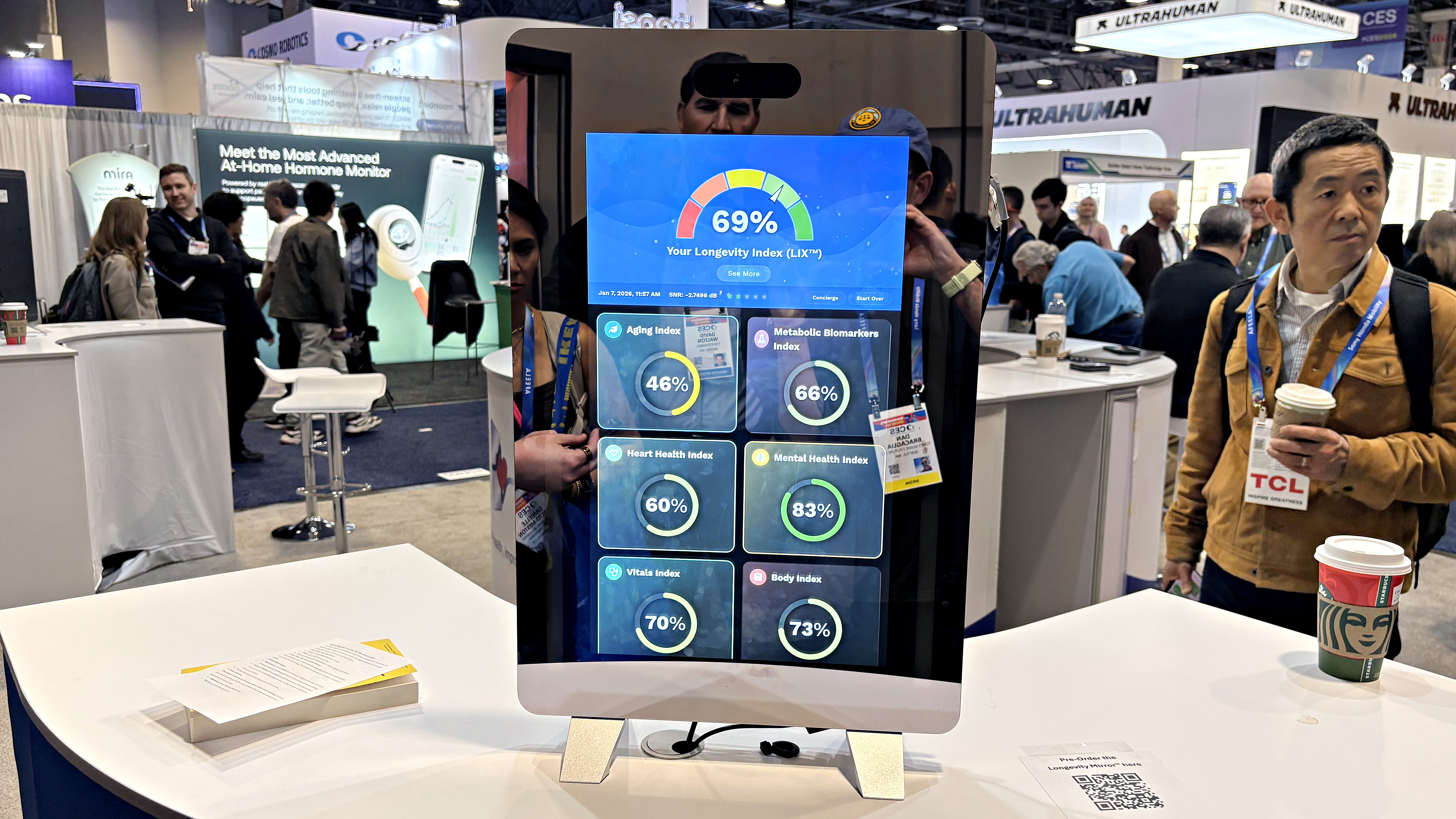 A close-up demo of the Nuraxlogix Longevity Mirror at CES 2026