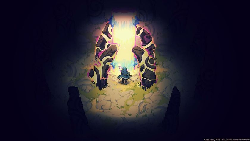 Screenshot from Aethermancer, showing a pixelated little wizard standing before a magical glowy gate from a top-down view.