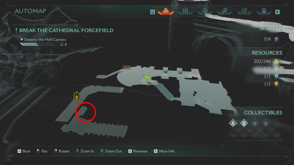 Doom: The Dark Ages Holy City of Aratum secrets - A map highlighting the location of a codex entry at the bottom of a hell carrier ship.