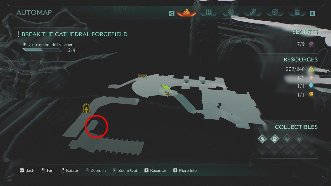 Doom: The Dark Ages Holy City of Aratum secrets - A map highlighting the location of a codex entry at the bottom of a hell carrier ship.
