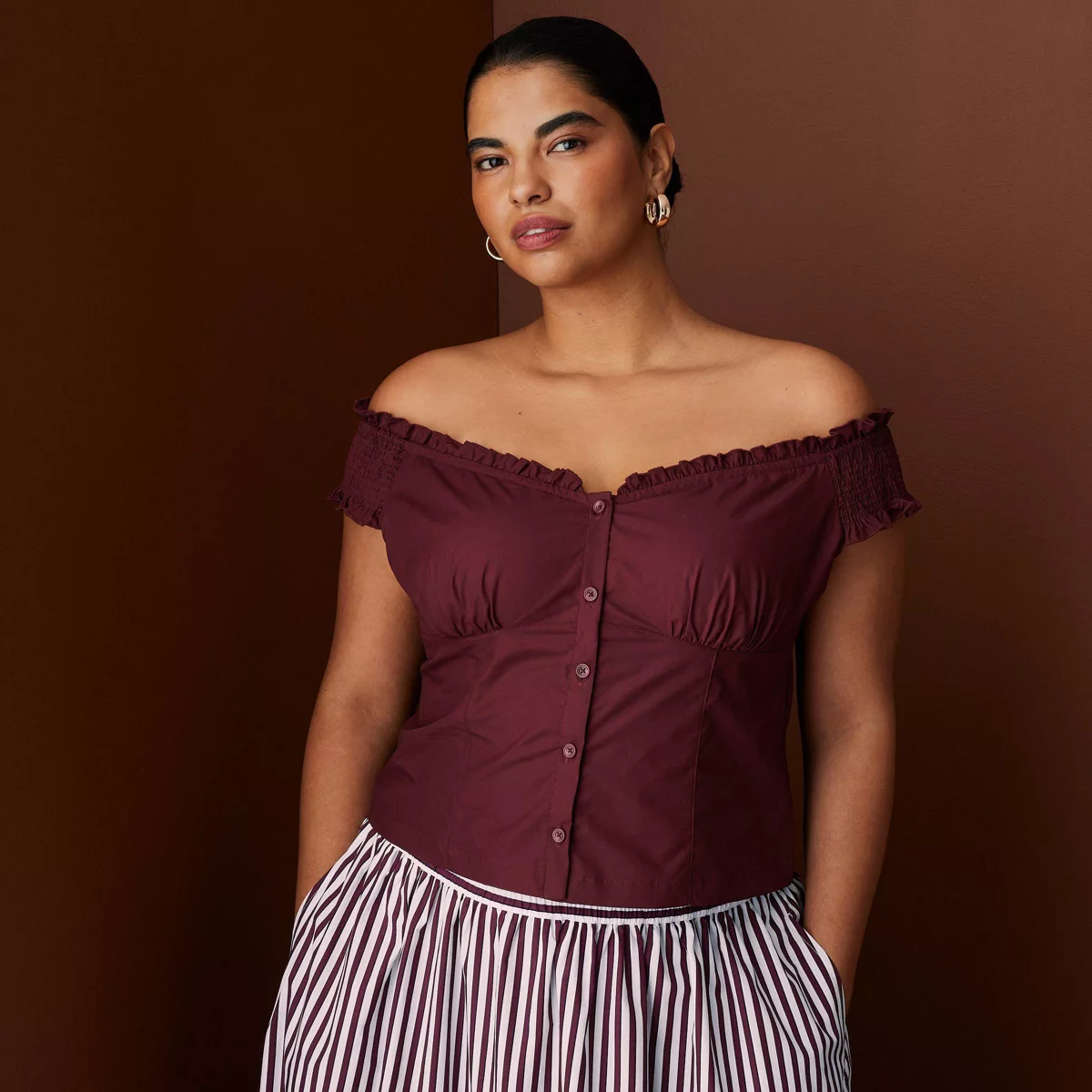 Women's Off the Shoulder Poplin Button-Down Shirt - Rosie Assoulin X Target Burgundy Xs