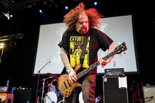 Bassist Shane Embury of British grindcore group Napalm Death performing live on the Earache Express stage at Glastonbury Festival in Pilton, England, on June 22, 2017. (Photo by Will Ireland/Metal Hammer Magazine)