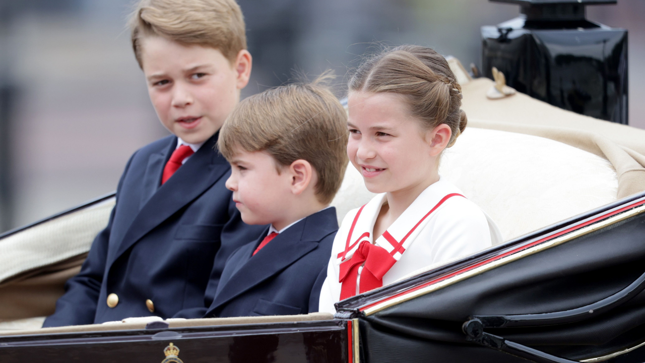 Prince George of Wales, Prince Louis of Wales and Princess Charlotte of Wales are seen during Trooping the Colour on June 17, 2023 in London, England. Trooping the Colour is a traditional parade held to mark the British Sovereign&#039;s official birthday. It will be the first Trooping the Colour held for King Charles III since he ascended to the throne.