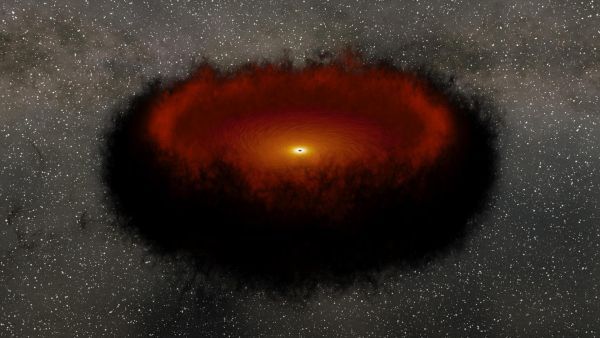 An illustration showing a black hole sucking in material from its accretion disk. The recently detected Camel explosion could have been a black hole&#039;s birth.