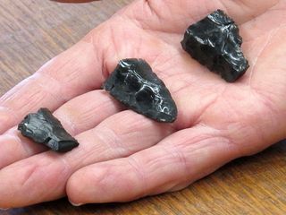 Displayed in the hand of University of Oregon archaeologist Dennis Jenkins are three bases for Western Stemmed projectiles from the Paisley Caves in Oregon. The bases date to some 13,000 years ago.