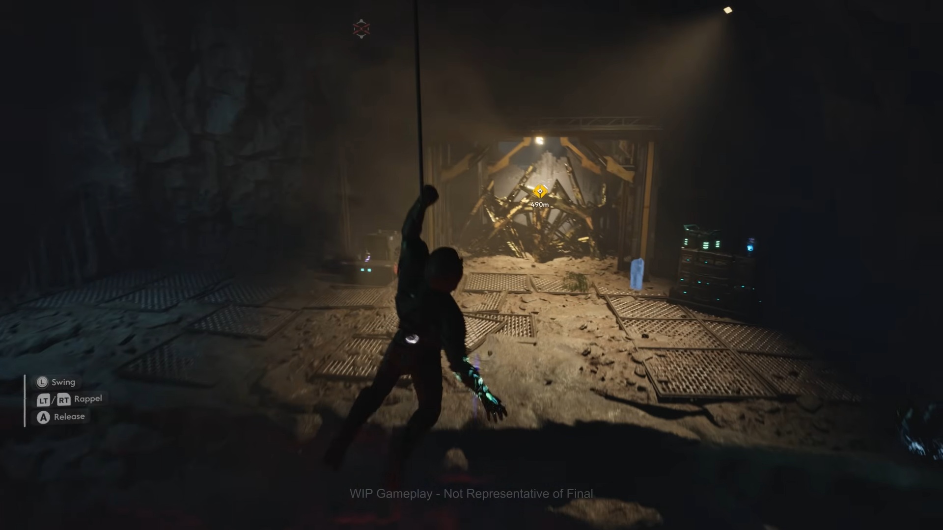 Jun using a grappling hook-like device to swing across a platform in some-in-progress gameplay of Exodus