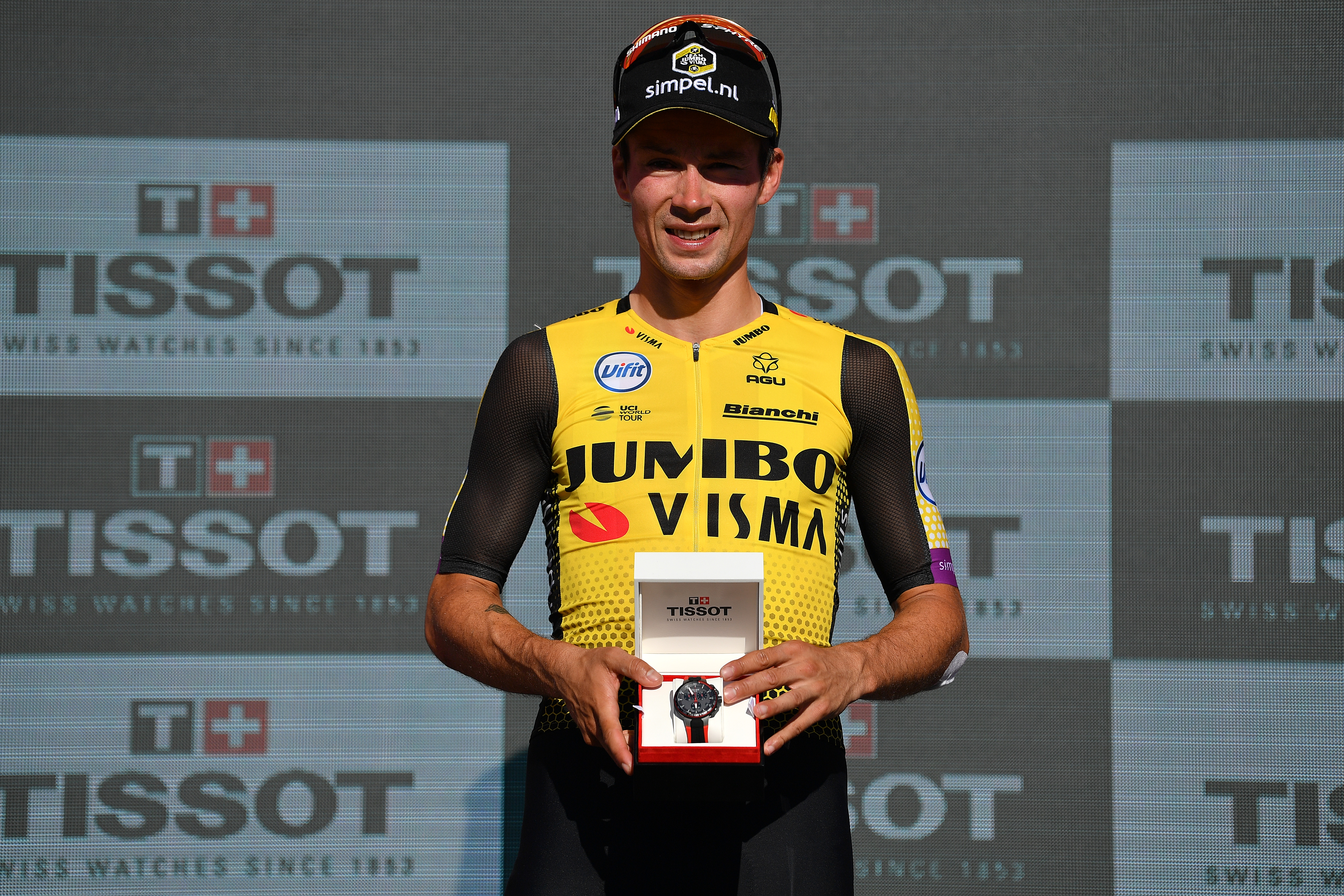 Podium / Primoz Roglic of Slovenia and Team Jumbo-Visma / Celebration / Trophy / during the 74th Tour of Spain 2019, Stage 10 a 36,2 Individual Time Trial stage from Juran&amp;ccedil;on to Pau