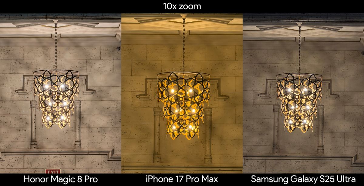 Comparing 10x zoom between the Honor Magic 8 Pro, iPhone 17 Pro Max, and Samsung Galaxy S25 Ultra