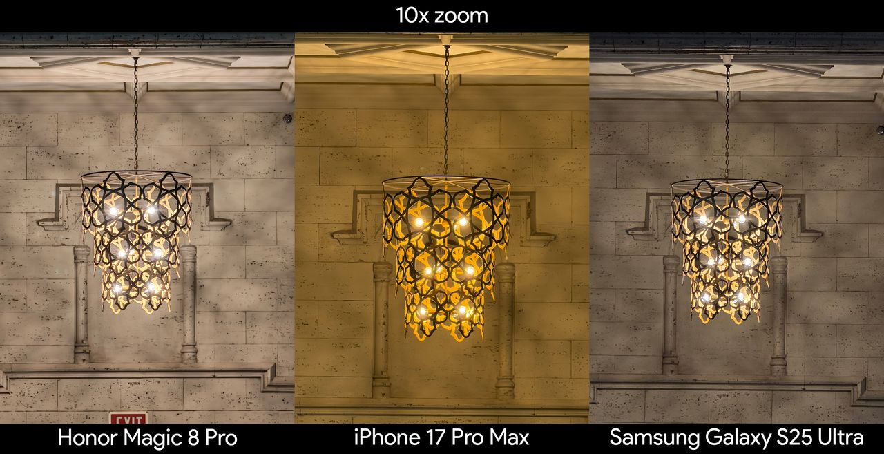 Comparing 10x zoom between the Honor Magic 8 Pro, iPhone 17 Pro Max, and Samsung Galaxy S25 Ultra