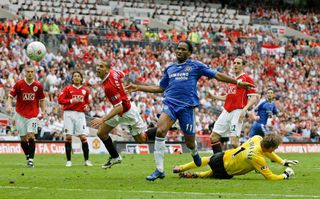 Didier Drogba scores the winning goal, late in extra time, for Chelsea against Manchester United in the 2007 FA Cup final at Wembley Stadium