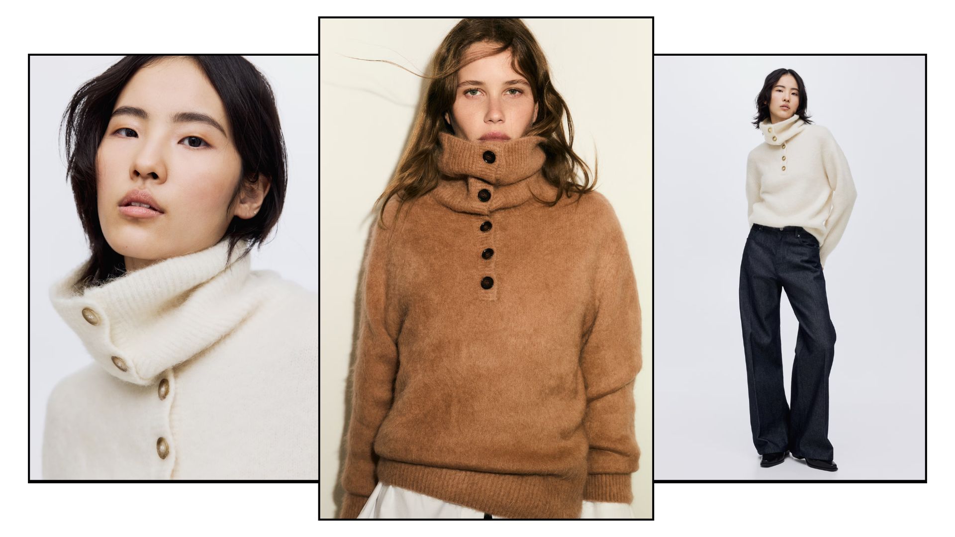 Woman wears funnel neck knit; woman wears funnel neck jumper; woman wears white jumper and blue jeans 