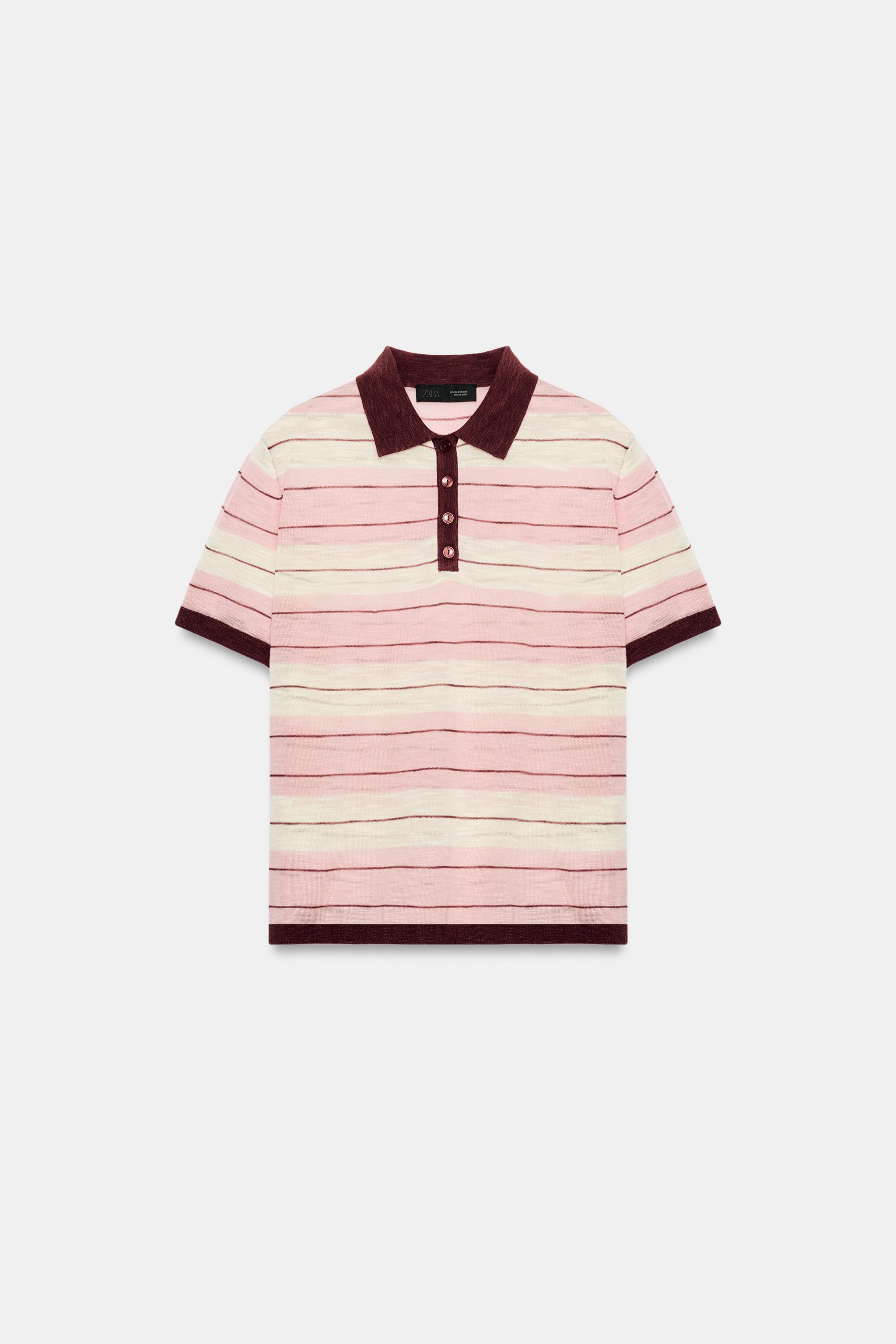 Striped Knit Polo - Pink / White - S