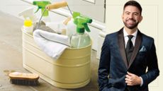 Compilation image of Mr Carrington at the NTA 2025 and a cream enamel cleaning caddy with spray bottles and clothes