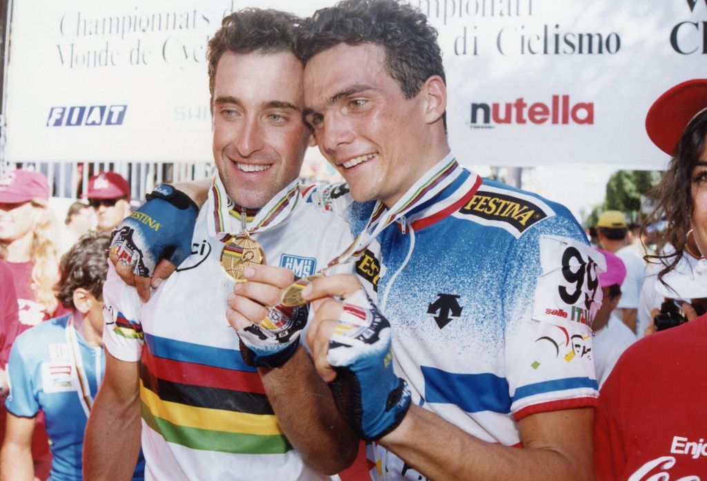 The French duo of Luc Leblanc (gold) and Richard Virenque (bronze) after the 1994 Worlds