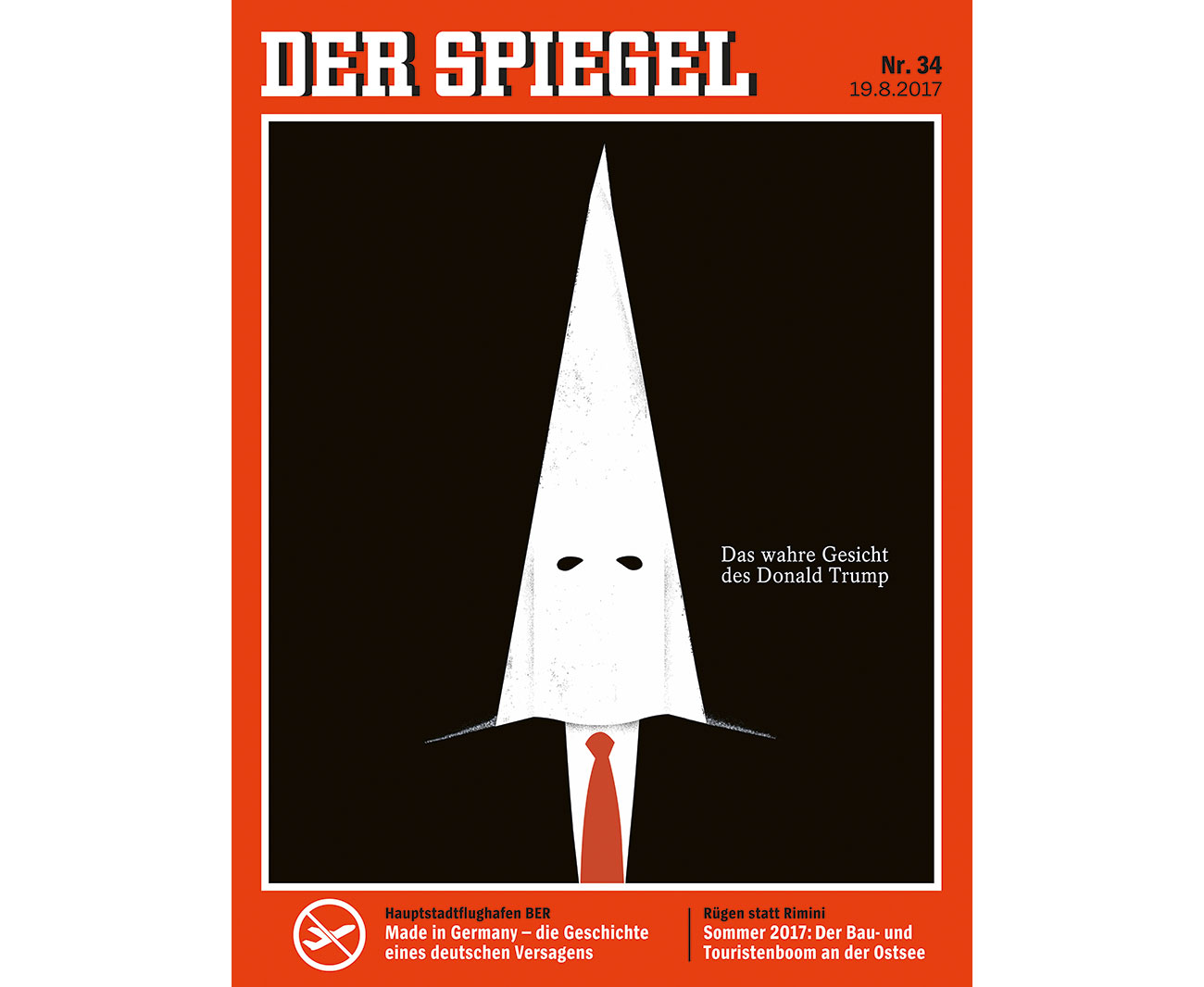 Following the Charlottesville tragedy, Rodriguez depicted Donald Trump wearing a KKK hood for Der Spiegel magazine