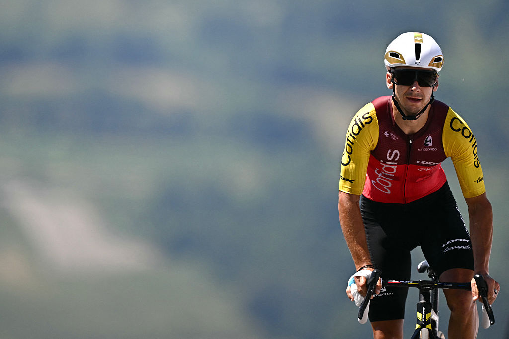 Cofidis team&#039;s French rider Bryan Coquard cycles to the finish line of the 13th stage of the 112th edition of the Tour de France cycling race, 10.9 km individual time trial between Loudenvielle and Peyragudes, in the Pyrenees mountains of southwestern France, on July 18, 2025. (Photo by Loic VENANCE / AFP)