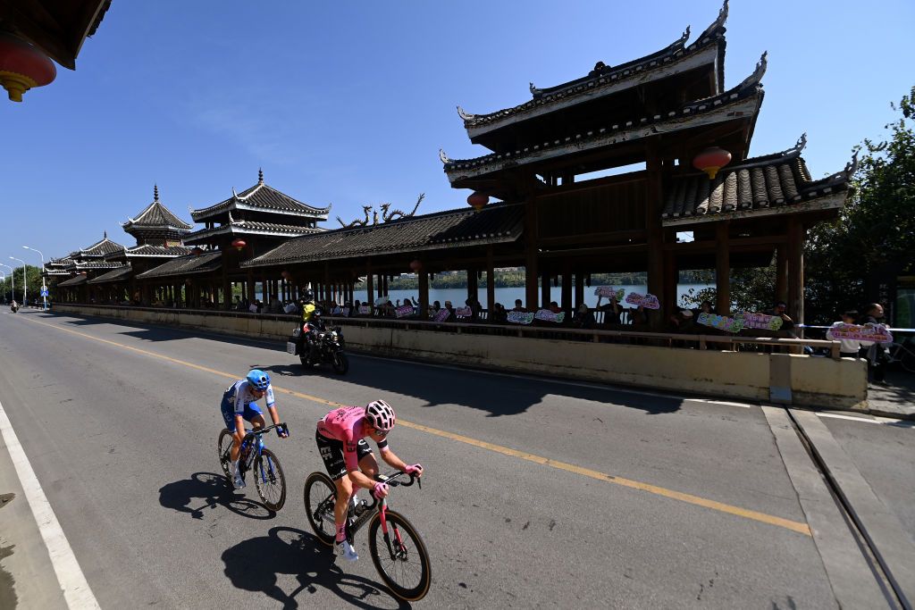 GUILIN CHINA OCTOBER 16 LR Lukas Postlberger of Austria and Team JaycoAlUla and Julius Van Den Berg of The Netherlands and Team EF EducationEasypost compete in the breakaway during the 4th GreeTour of Guangxi 2023 Stage 5 a 2096km stage from Liuzhou to Guilin UCIWT on October 16 2023 in Guilin China Photo by Tim de WaeleGetty Images