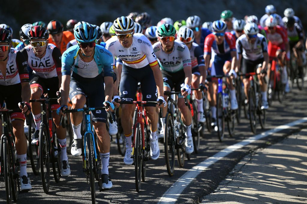 ROQUETAS DE MAR SPAIN FEBRUARY 14 Javier Romo Oliver of Spain Luis Leon Sanchez of Spain and Team Astana Premier Tech during the 34th Clsica de Almeria 2021 a 1833km race from Pueblo de Vicar to Roquetas de Mar Peloton ClasicaAlmeria21 on February 14 2021 in Roquetas de Mar Spain Photo by Tim de WaeleGetty Images