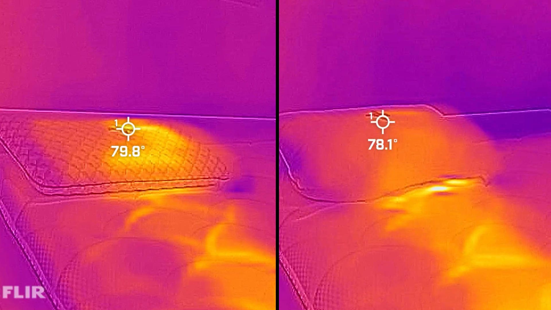 On the left, the Helix Cooling Memory Foam Pillow through a thermal cam. At minute 6, it's 79.8 °F. On the right, the Beckham Hotel Collection Pillow. At minute 6, it's 78.1°F.