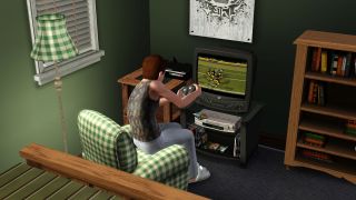 The Sims 3 - A Sim plays a video game on a TV