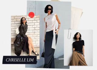 A Marie Claire graphic of Chriselle Lim in a black leather trench coat, white top and black skirt, and black tee shirt and brown trousers.