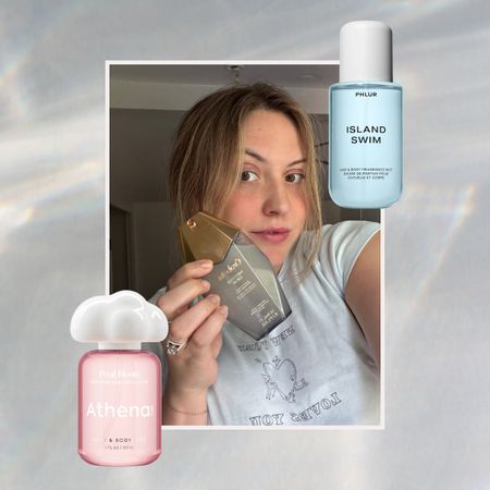 a girl in a blue shirt holding orabella body mist framed on a light effect background to the left of a blue body mist from phlur and a pink body mist from athena
