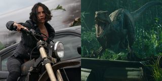 Michelle Rodriguez in F9 and Blue the velociraptor from Jurassic World: Fallen Kingdom, side by side.