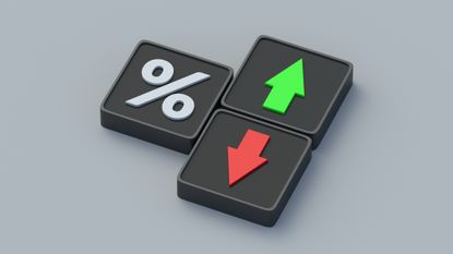 a black square with a white percent sign on it placed next to two black squares, one with a red arrow and one with a green arrow