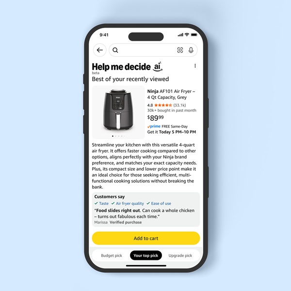 Amazon&#039;s new AI feature, &amp;quot;help me decide,&amp;quot; will connect users with products that they may be interested in, producing its image, title, rating, price, and more.