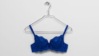 Blue scallop bra hanging against white background