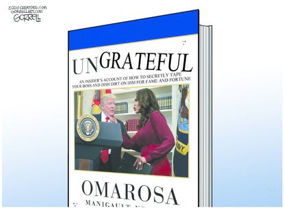 Political cartoon U.S. Omarosa Unhinged Trump ungrateful recordings fame