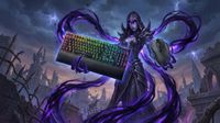 AI-Generated image of a dark elf offering a Razer Naga V2 Hyperspeed MMO mouse and a Razer BlackWidow V4 Pro keyboard visualized. 