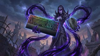 AI-Generated image of a dark elf offering a Razer Naga V2 Hyperspeed MMO mouse and a Razer BlackWidow V4 Pro keyboard visualized. 