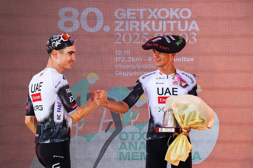 ) Juan Ayuso of Spain and UAE Team Emirates - XRG on second place and race winner Isaac Del Toro of Mexico and UAE Team Emirates - XRG pose on the podium ceremony after the the 80th Circuito de Getxo - Memorial Hermanos Otxoa 2025 a 172.2km one day race from Bilbao to Getxo on August 03, 2025 in Getxo - Bilbao, Spain. (Photo by Antonio Baixauli/Getty Images)