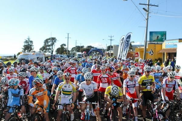 The peleton line up for the start of stage one